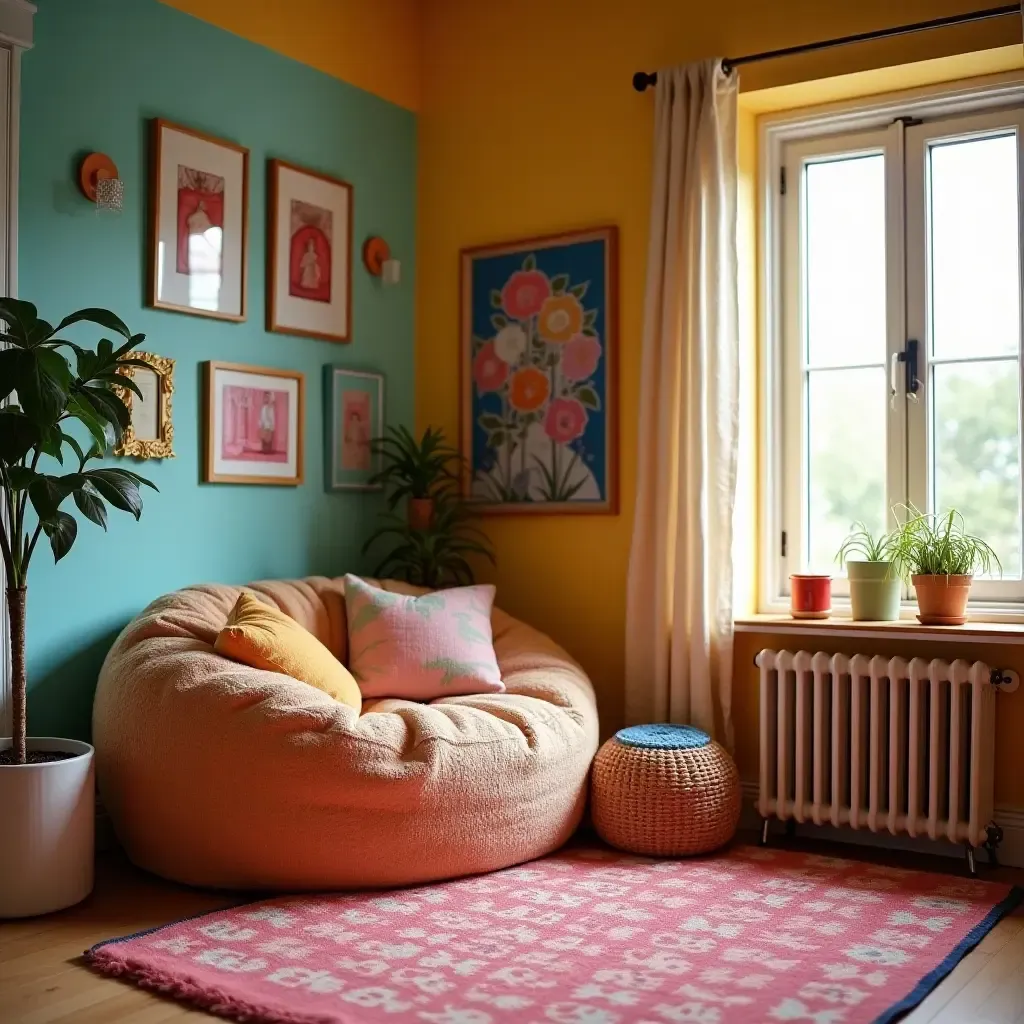 a photo of a reading nook with a large bean bag and colorful decor