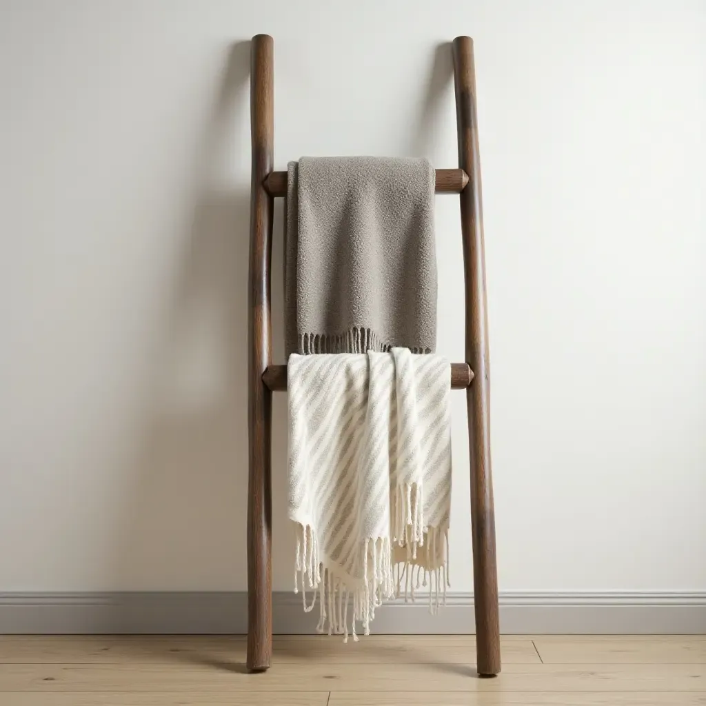 a photo of a decorative ladder used for displaying blankets