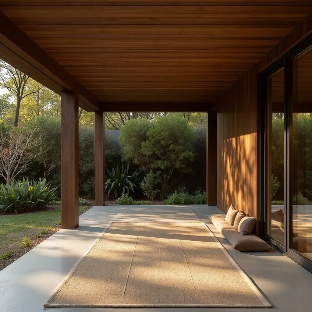 a photo of a detached covered patio with a yoga space and meditation area