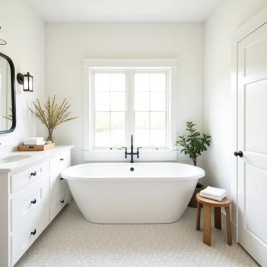 a photo of a bright bathroom with white shiplap and rustic decor elements