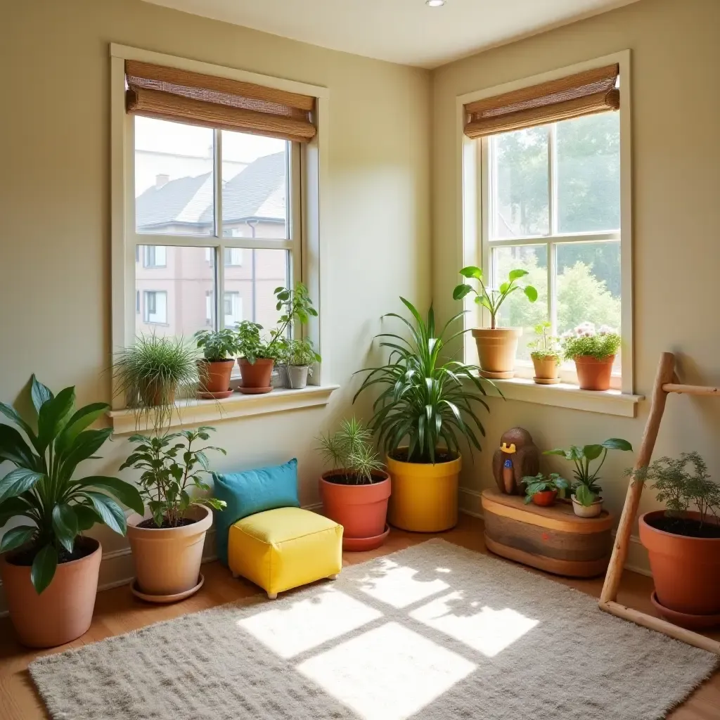 a photo of a whimsical basement playroom featuring colorful plant pots