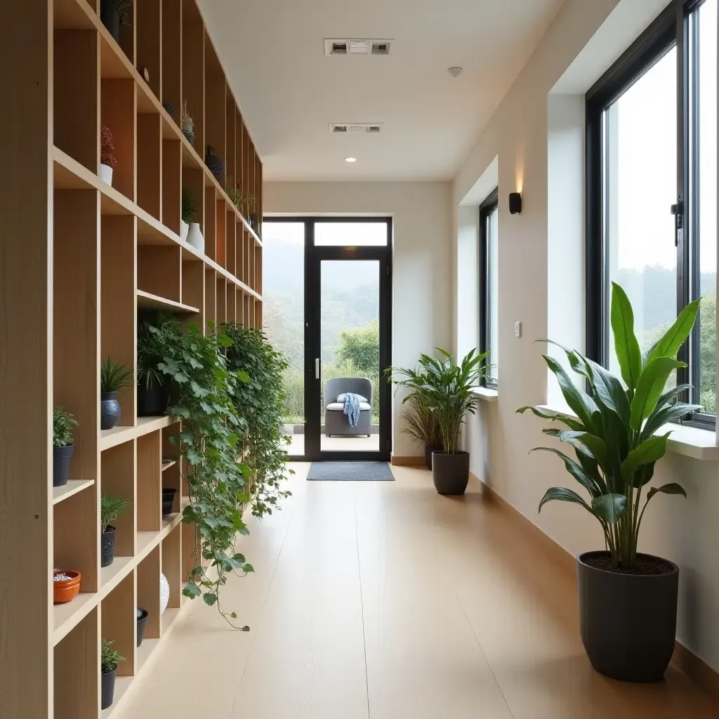 a photo of a narrow corridor with wall-mounted cubbies and plants