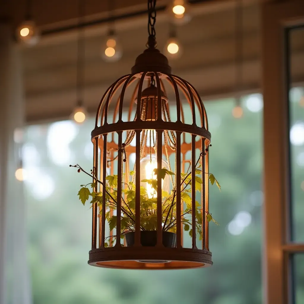 a photo of a decorative birdcage hanging from the ceiling