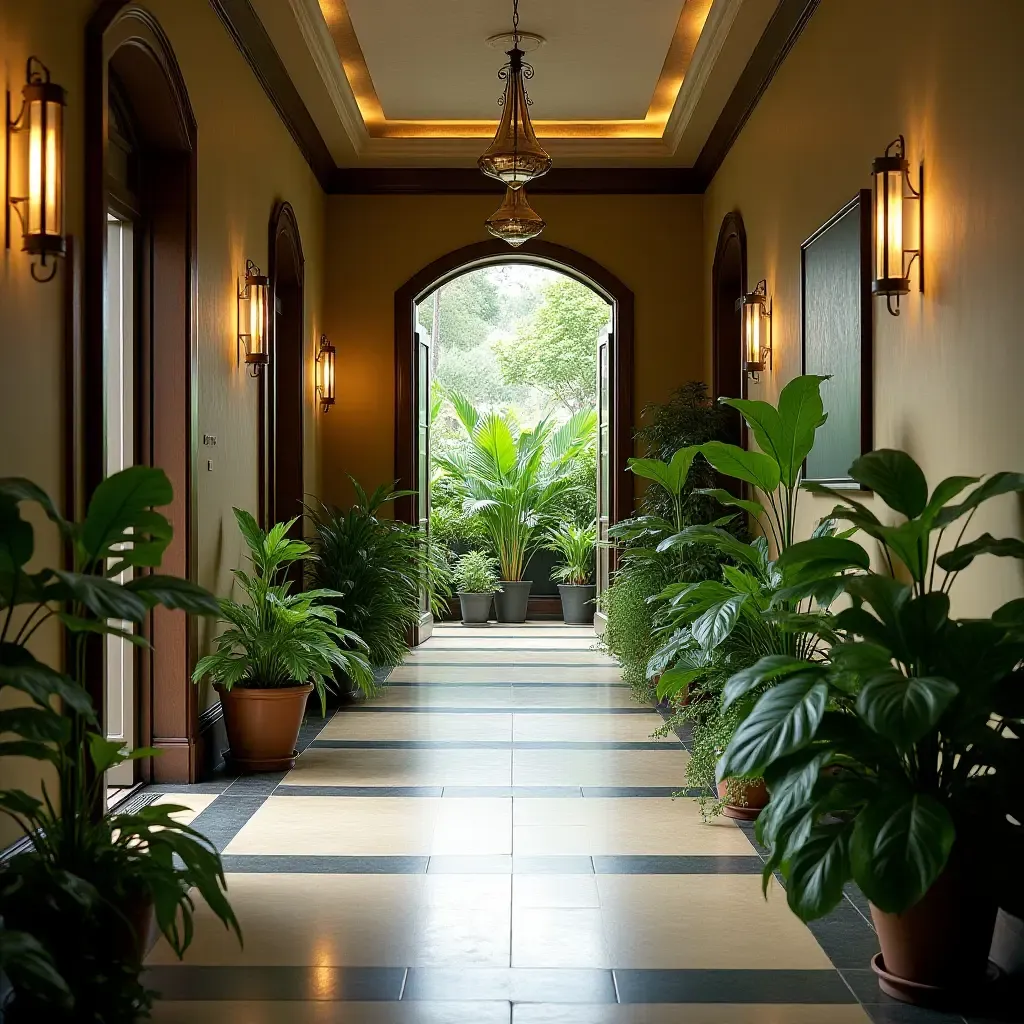 a photo of a corridor with a beautiful indoor garden setup