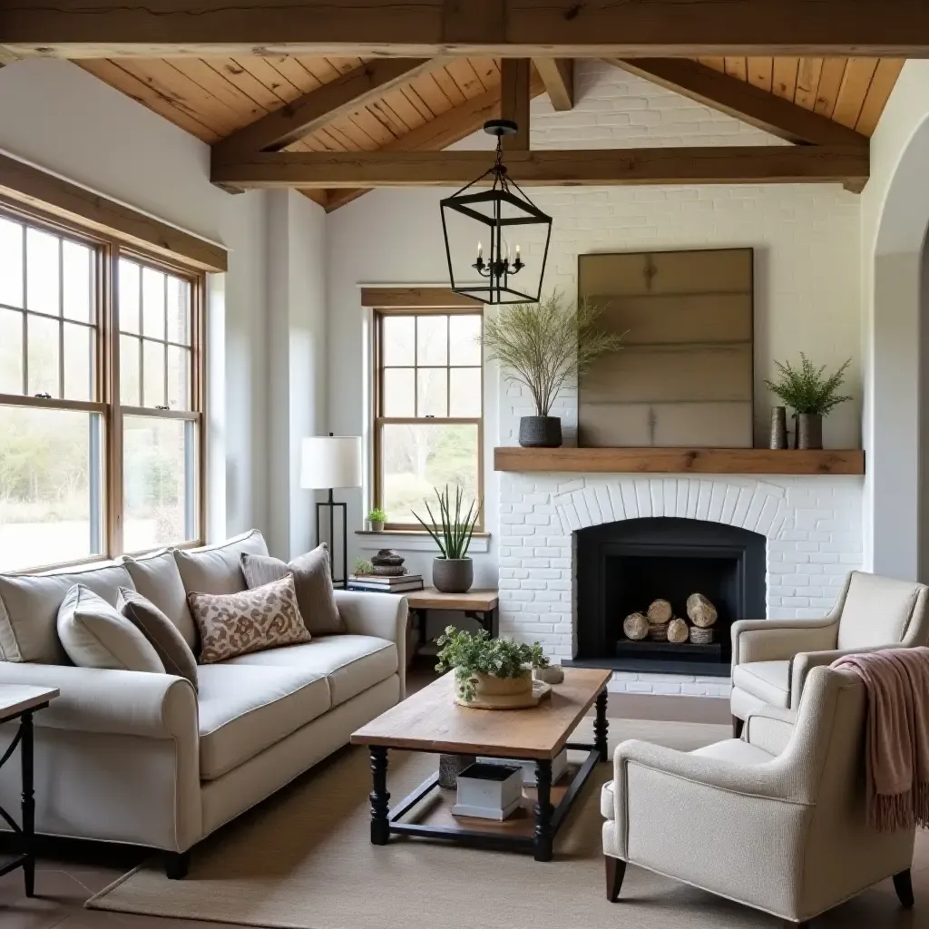 a photo of a rustic living room with a mix of old and new farmhouse decor