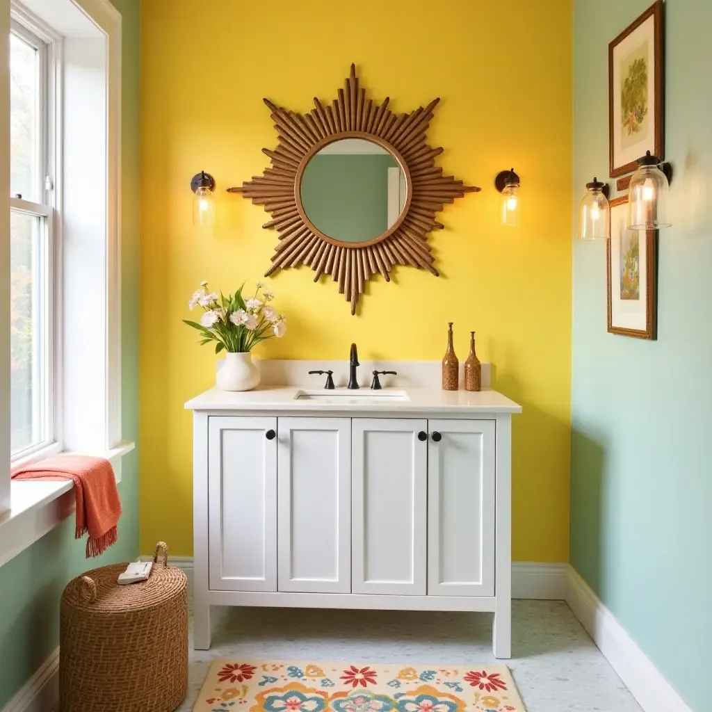 a photo of a vibrant bathroom with a sunburst mirror and cheerful decor