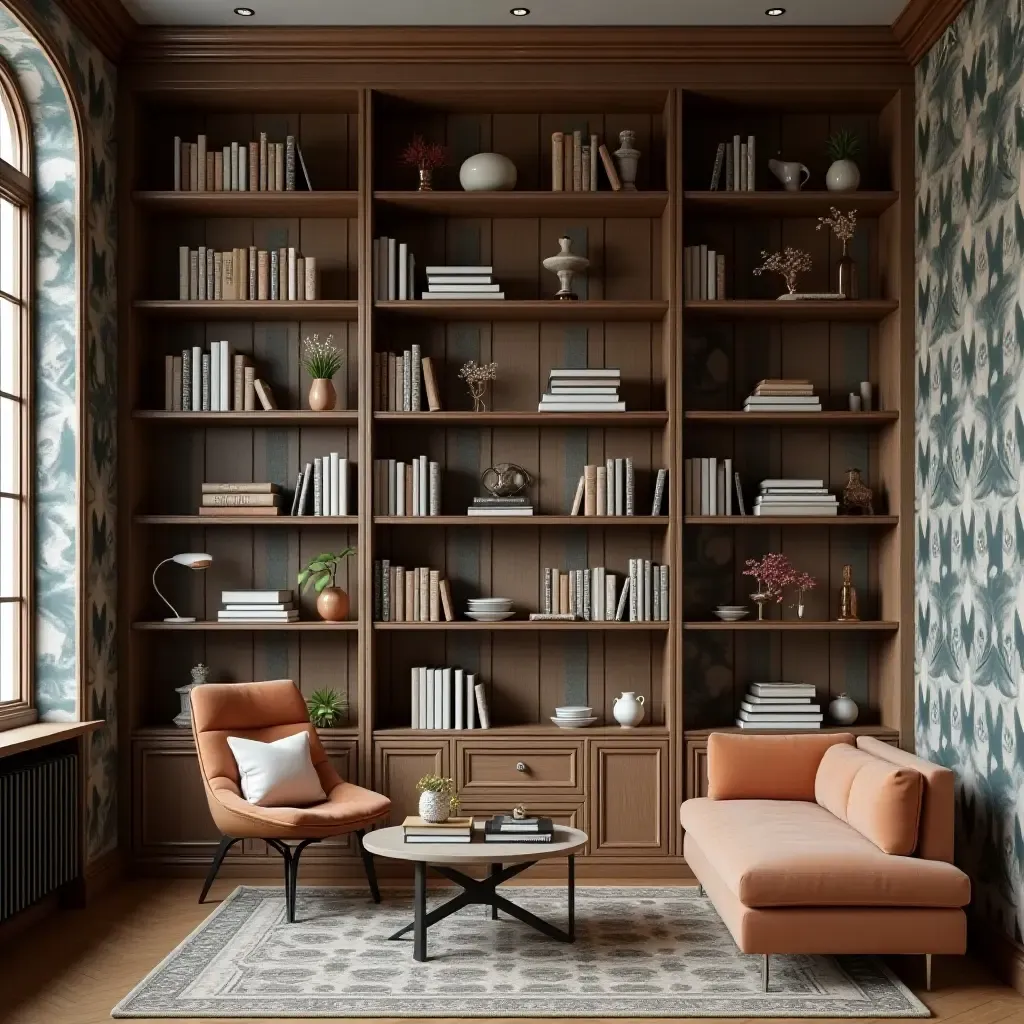 a photo of a library shelf with a backdrop of wallpaper and stylish decor