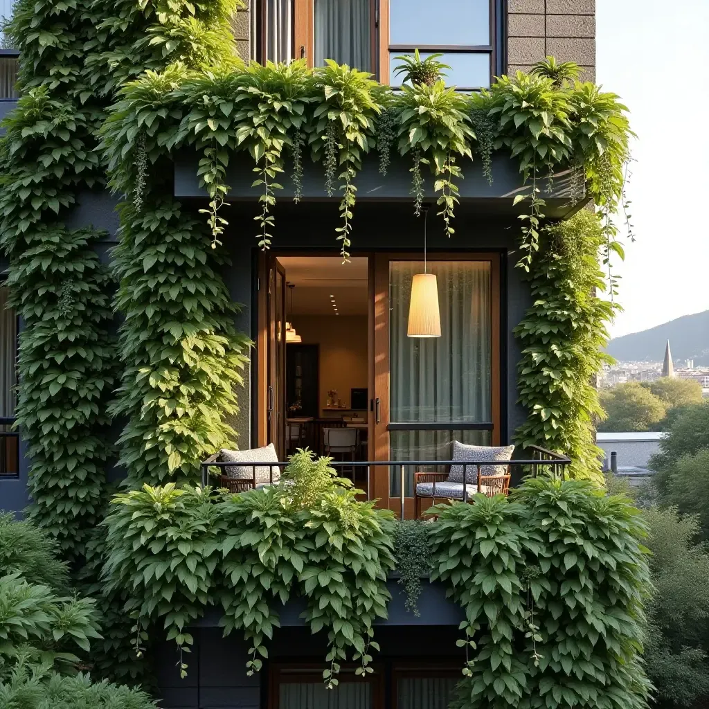 a photo of a balcony adorned with vertical gardens and modern art