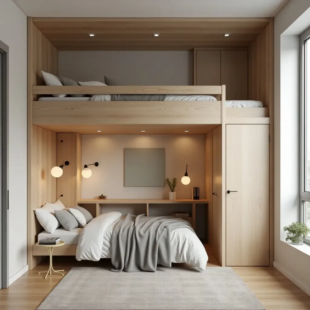 a photo of an 8x8 bedroom with a lofted bed and workspace underneath