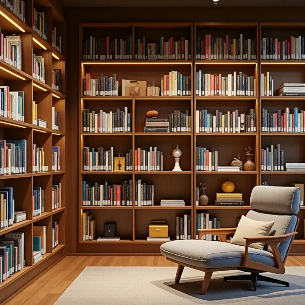 a photo of a library with wooden accents and colorful book covers