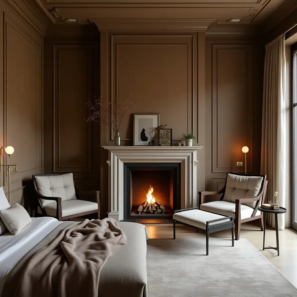 a photo of a bedroom with a fireplace and intimate seating area