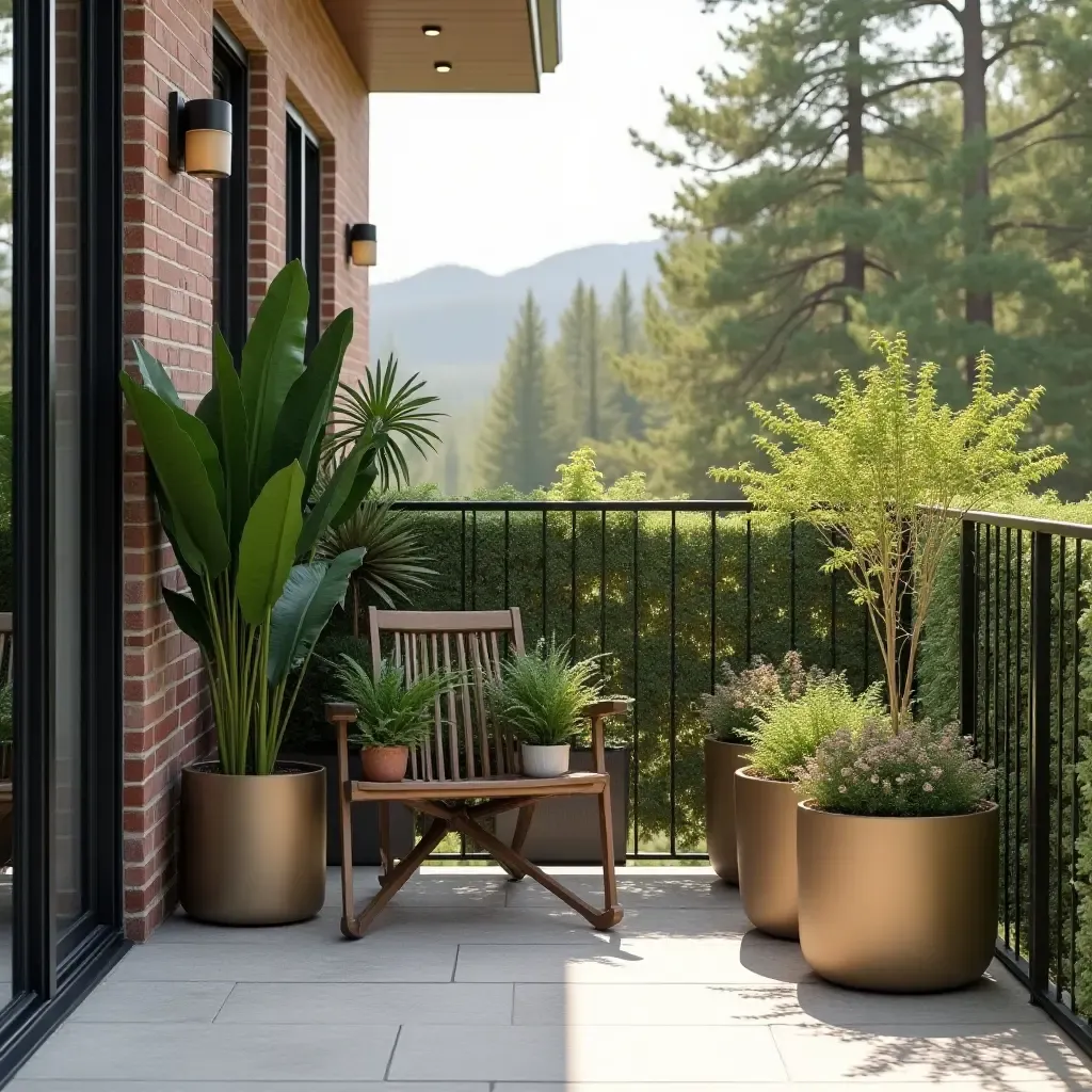 a photo of a modern balcony featuring sleek planters and outdoor art