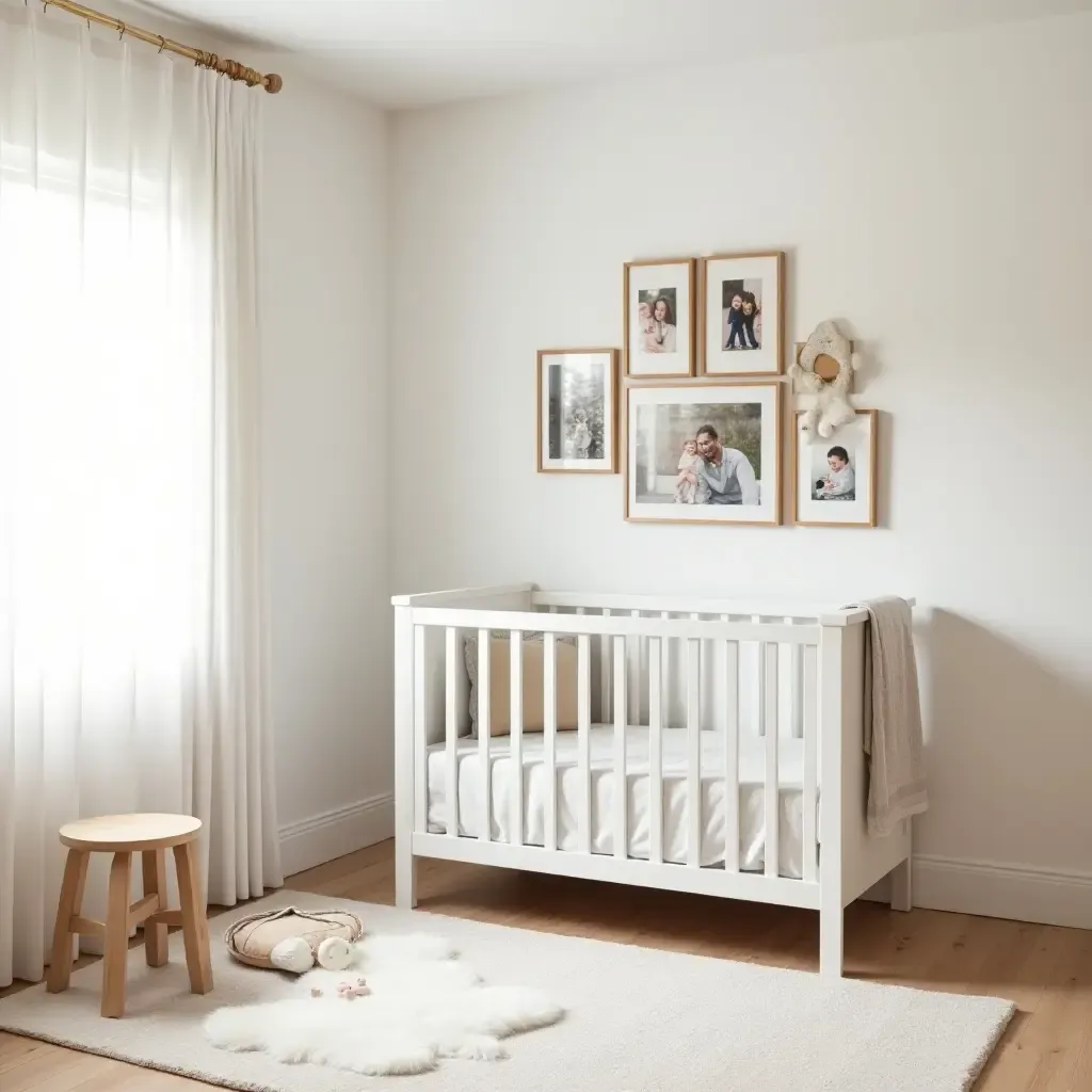 a photo of a light-filled nursery with a gallery wall of family photos