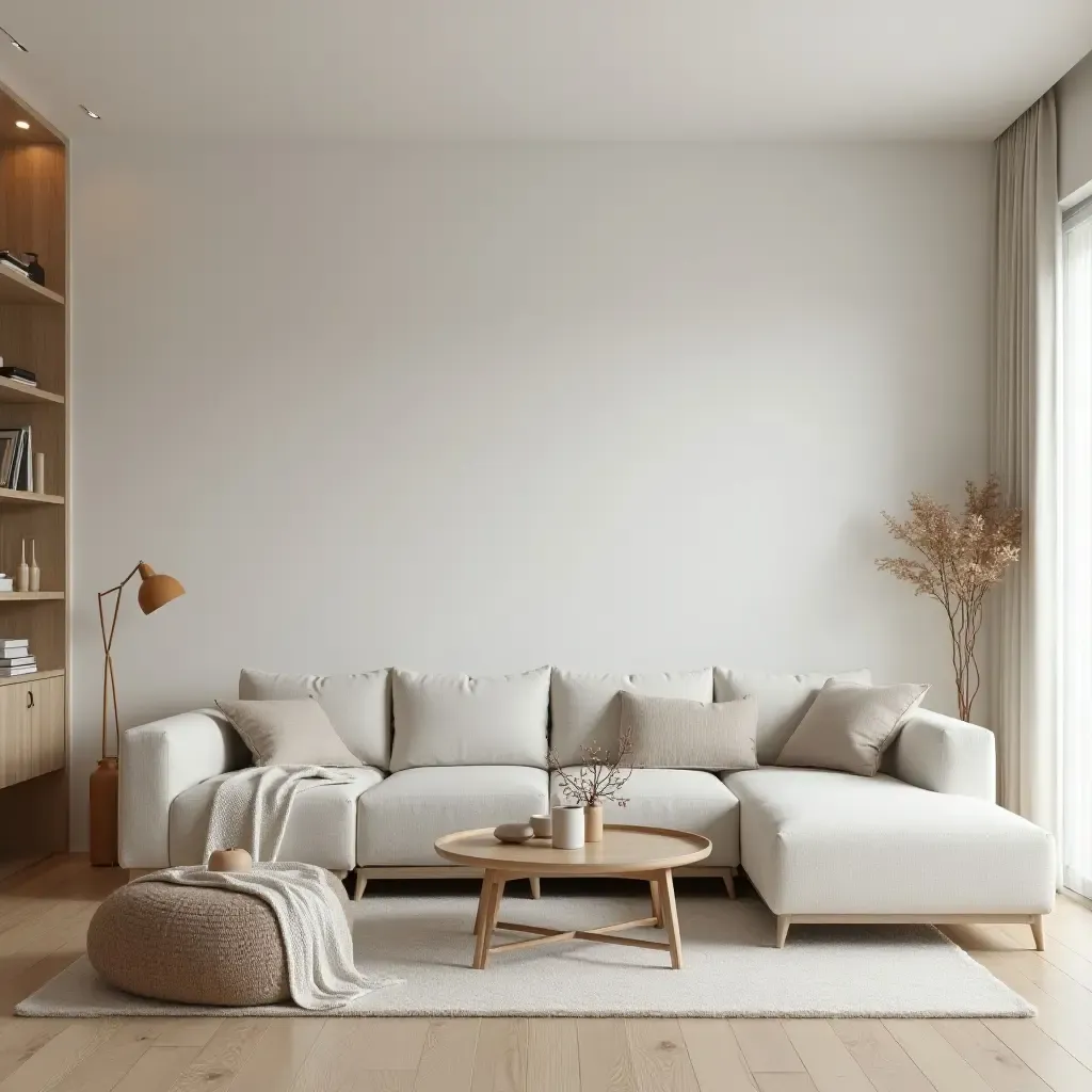 a photo of a contemporary living room with minimalist furniture and a calming atmosphere