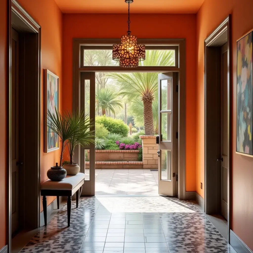 a photo of a colorful entrance hall with artistic pendant designs