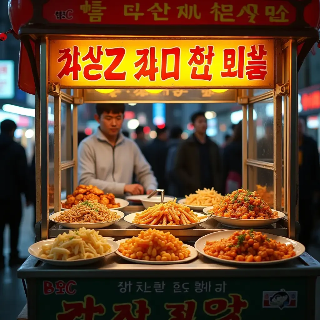 a photo of colorful Korean street food stall with unique dishes beyond tteokbokki