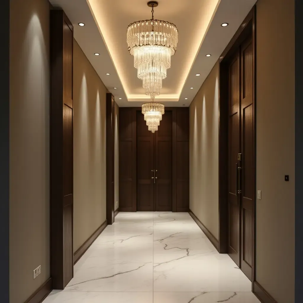 a photo of a sophisticated corridor with a statement chandelier