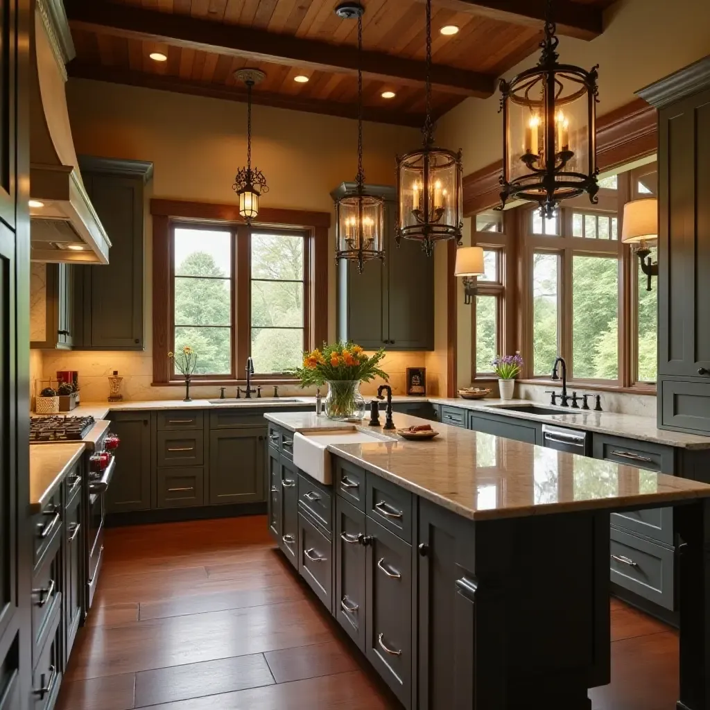 a photo of a warm kitchen with wrought iron accents and lanterns