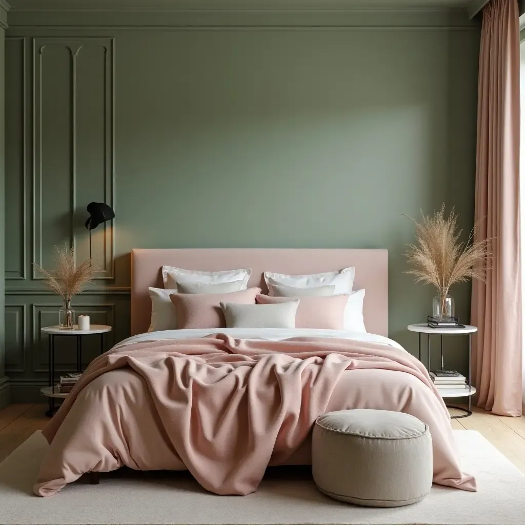 a photo of a serene sage green and soft pink bedroom with elegant textiles