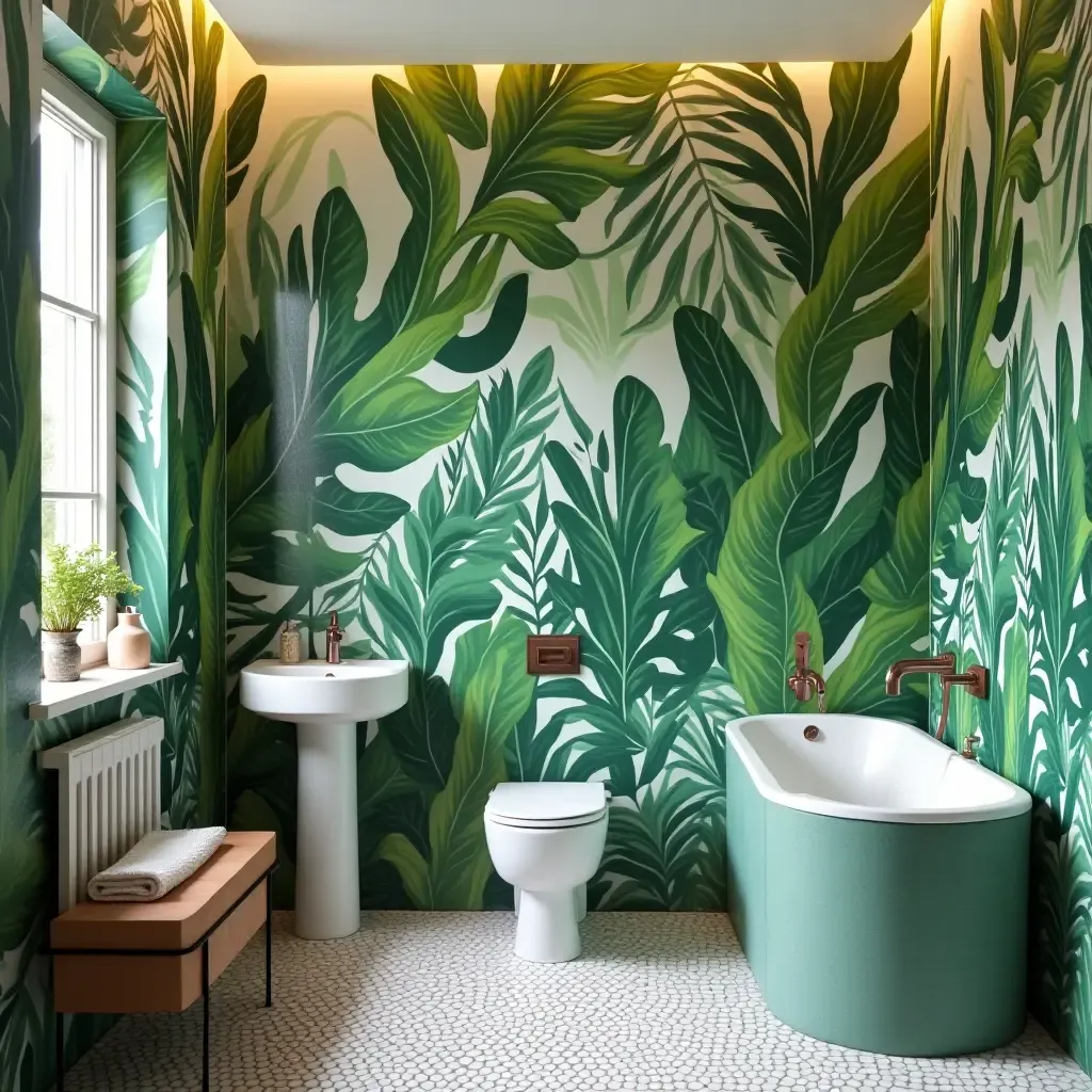 a photo of a vibrant mural depicting tropical plants in a bathroom