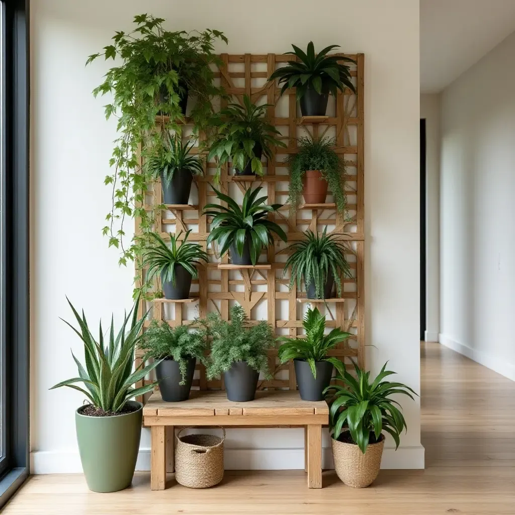 a photo of a wooden trellis with climbing plants in the hall