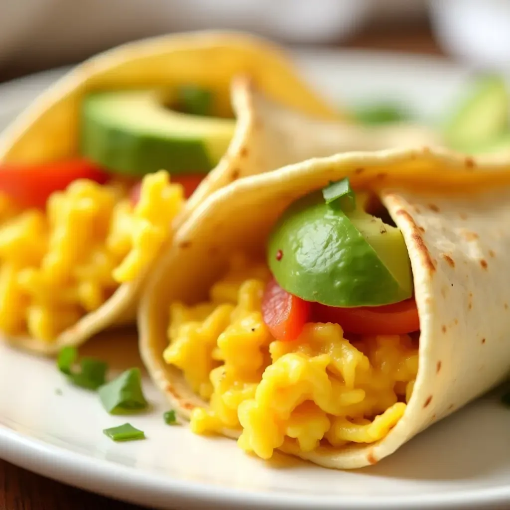 a photo of corn tortilla breakfast wraps with scrambled eggs and avocado.