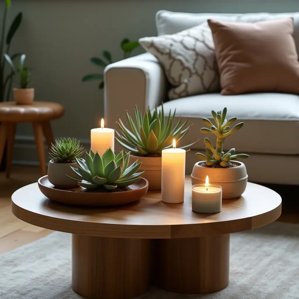 a photo of an eclectic coffee table adorned with succulents and candles