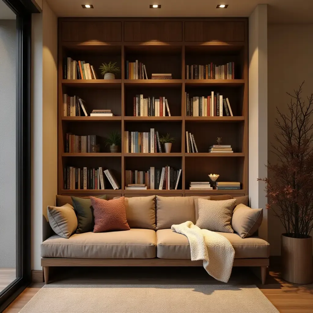 a photo of a cozy reading nook with wall-mounted bookshelves in a basement