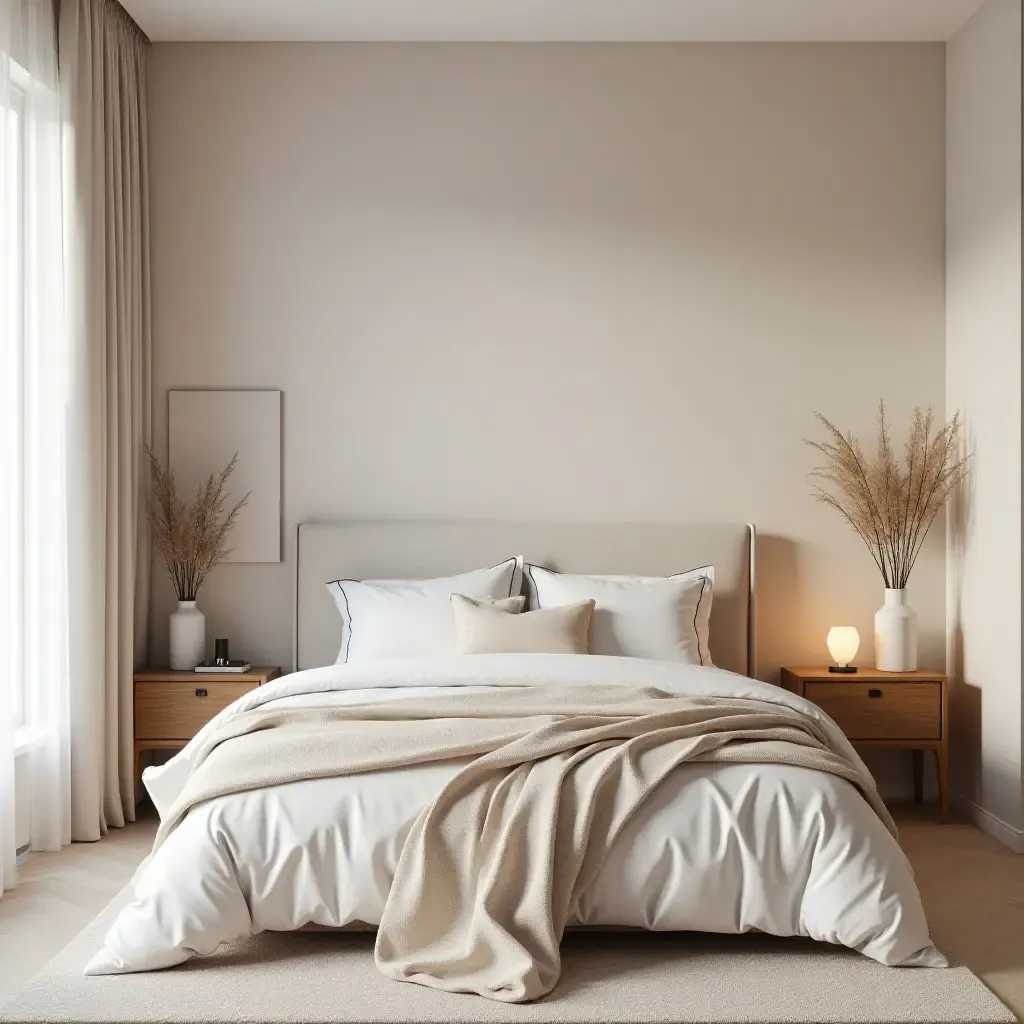 a photo of a bedroom with a soft color palette and elegant decor