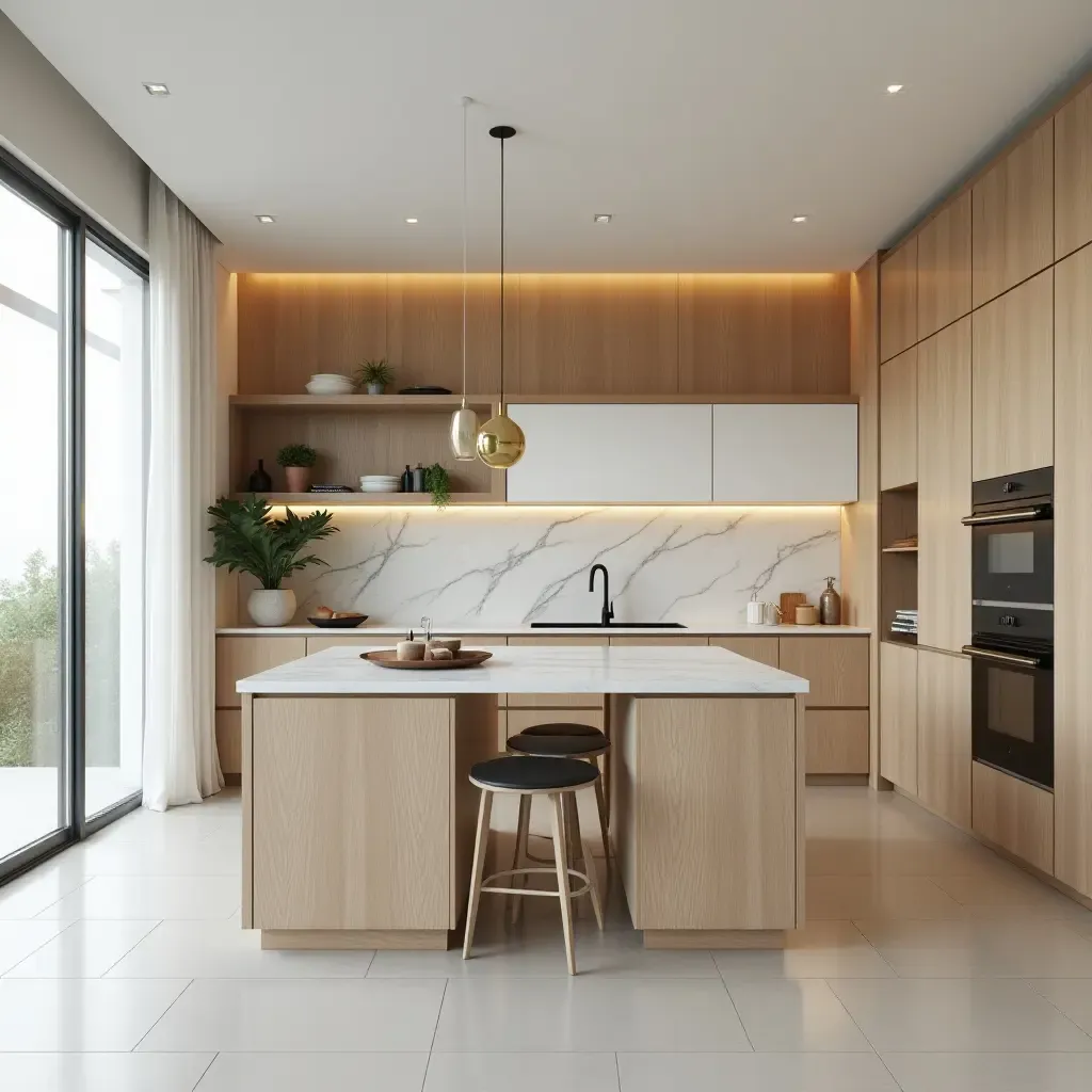 a photo of an airy kitchen with a mix of contemporary and traditional design