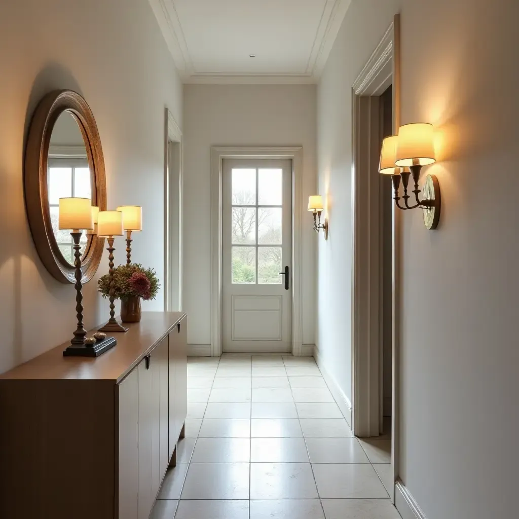 a photo of a chic corridor featuring metallic candle holders and stylish decor