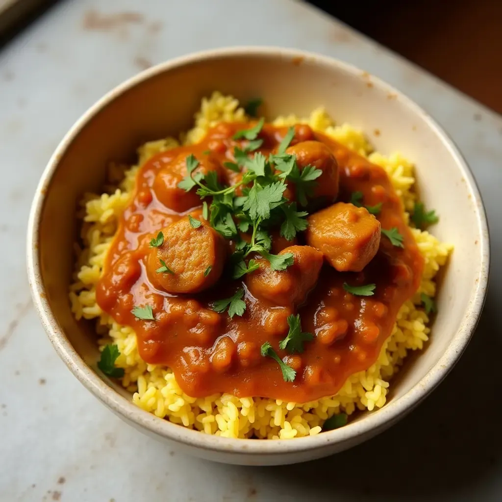 a photo of Kashmiri rogan josh with saffron-infused rice.