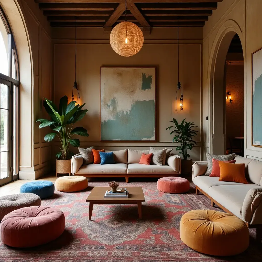 a photo of a bohemian lounge area with poufs and low tables