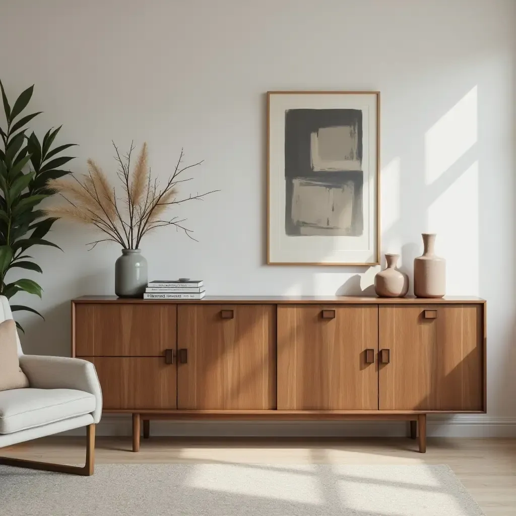 a photo of a contemporary living room with a stylish sideboard