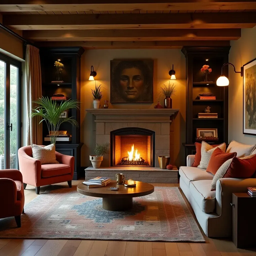 a photo of a cozy basement lounge with a fireplace and whimsical decor elements