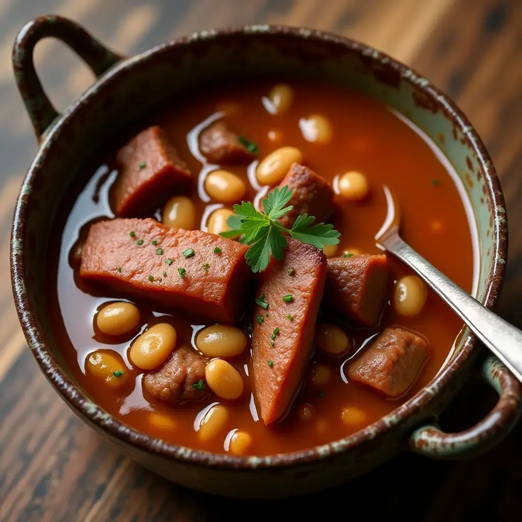 a photo of a hearty Feijoada stew with beans and smoked meats