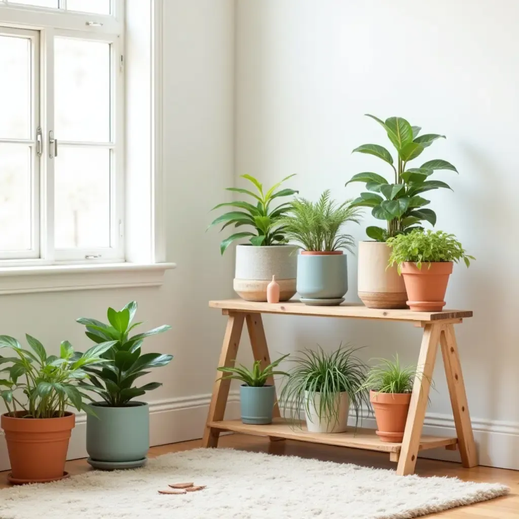 a photo of a nursery featuring a DIY plant stand with colorful pots