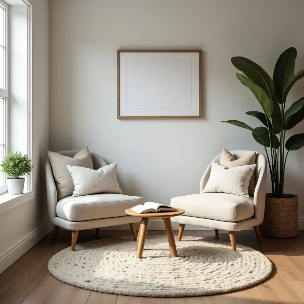 a photo of a reading space with a cozy rug and farmhouse-style decor