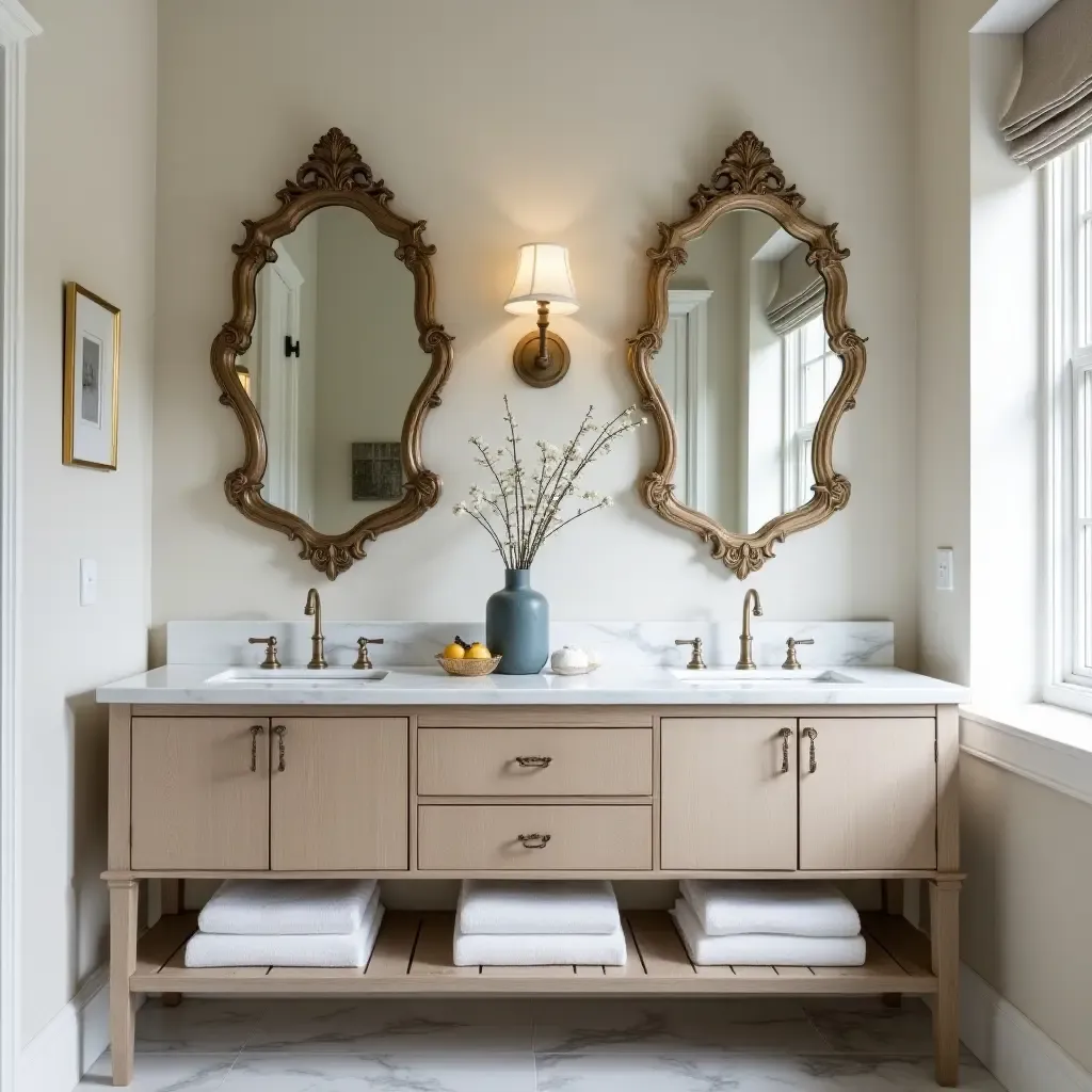 a photo of a bathroom with antique mirrors paired with modern countertops