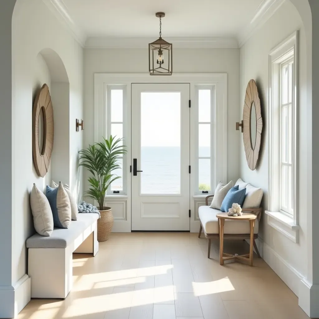 a photo of a tranquil beige and soft blue entrance hall with coastal decor