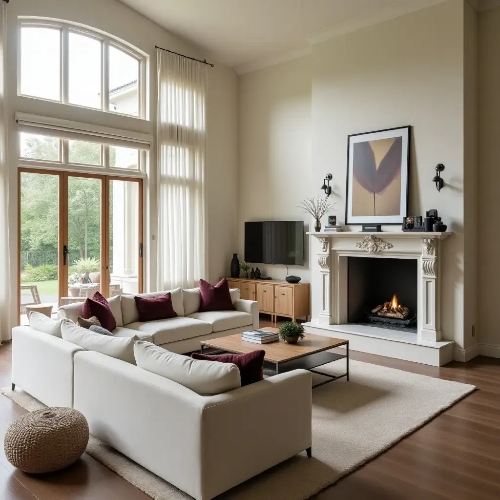 a photo of a bright living room with a sectional and a large, elegant fireplace