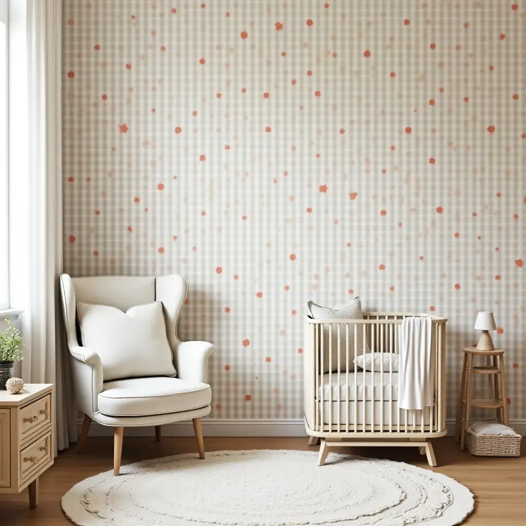 a photo of a cozy nursery with floral wallpaper and vintage furniture