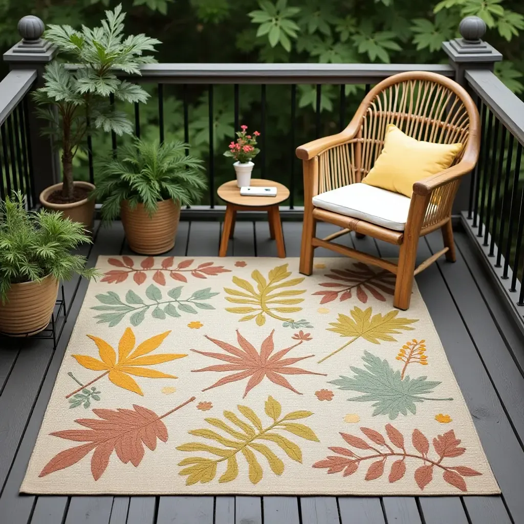 a photo of a nature-inspired rug with leaf patterns on a garden balcony