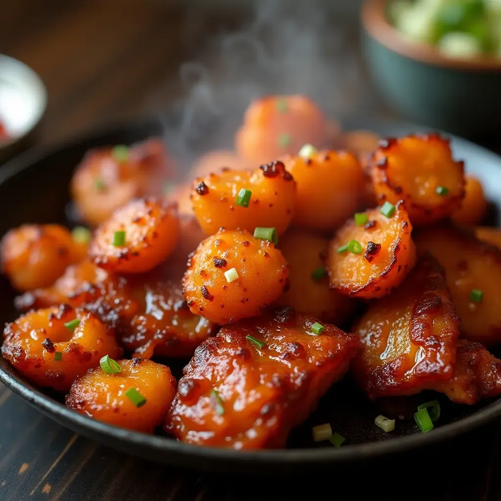 a photo of Korean BBQ with a sweet ginger soy marinade and crispy kimchi fritters.