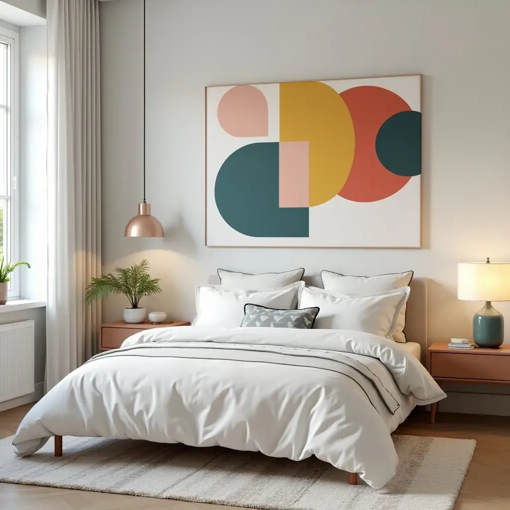 a photo of a modern bedroom with a geometric gallery wall of colorful shapes