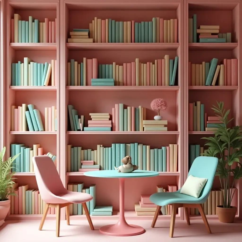 a photo of a pastel pink and mint library filled with colorful books