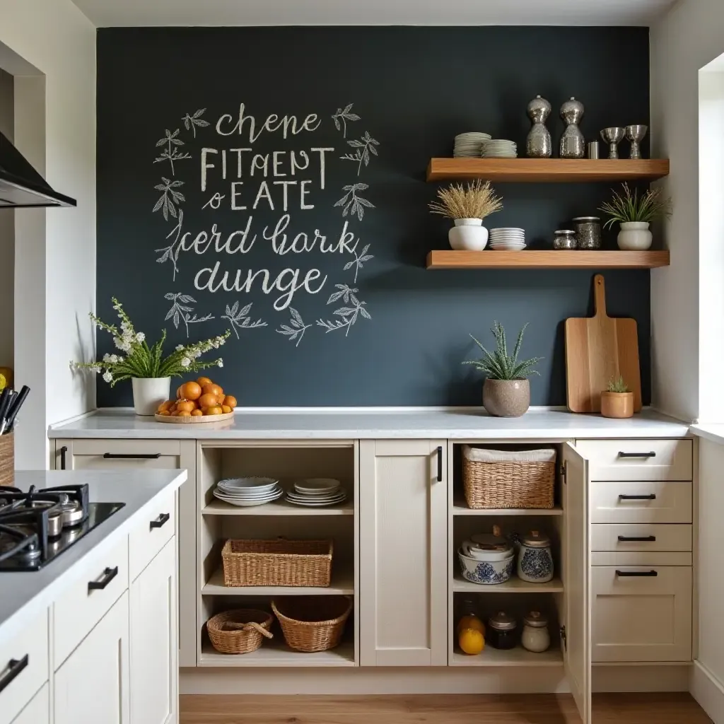 a photo of a stylish kitchen with chalkboard wall art and functional storage solutions