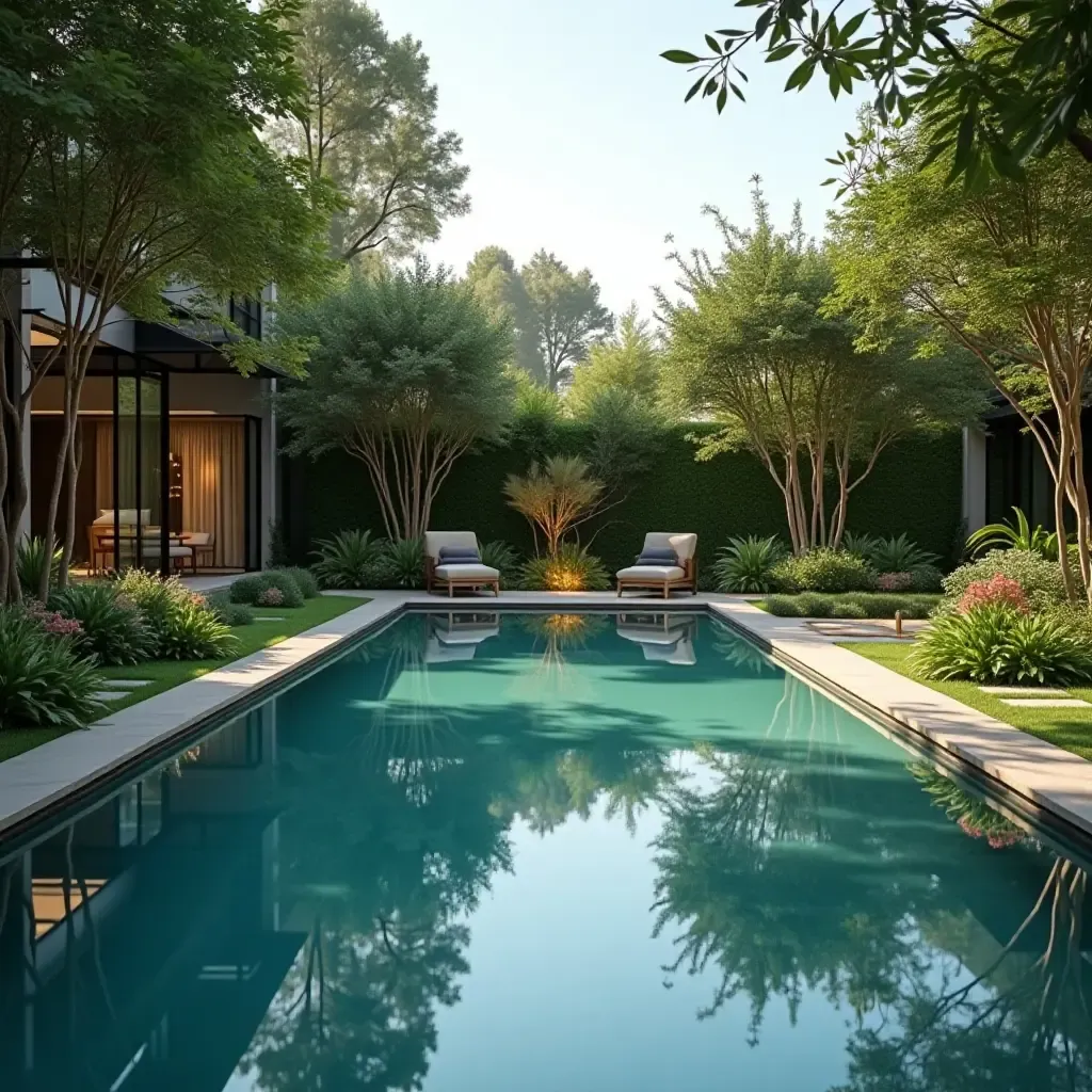 a photo of a tranquil pool area with a reflection pond and greenery