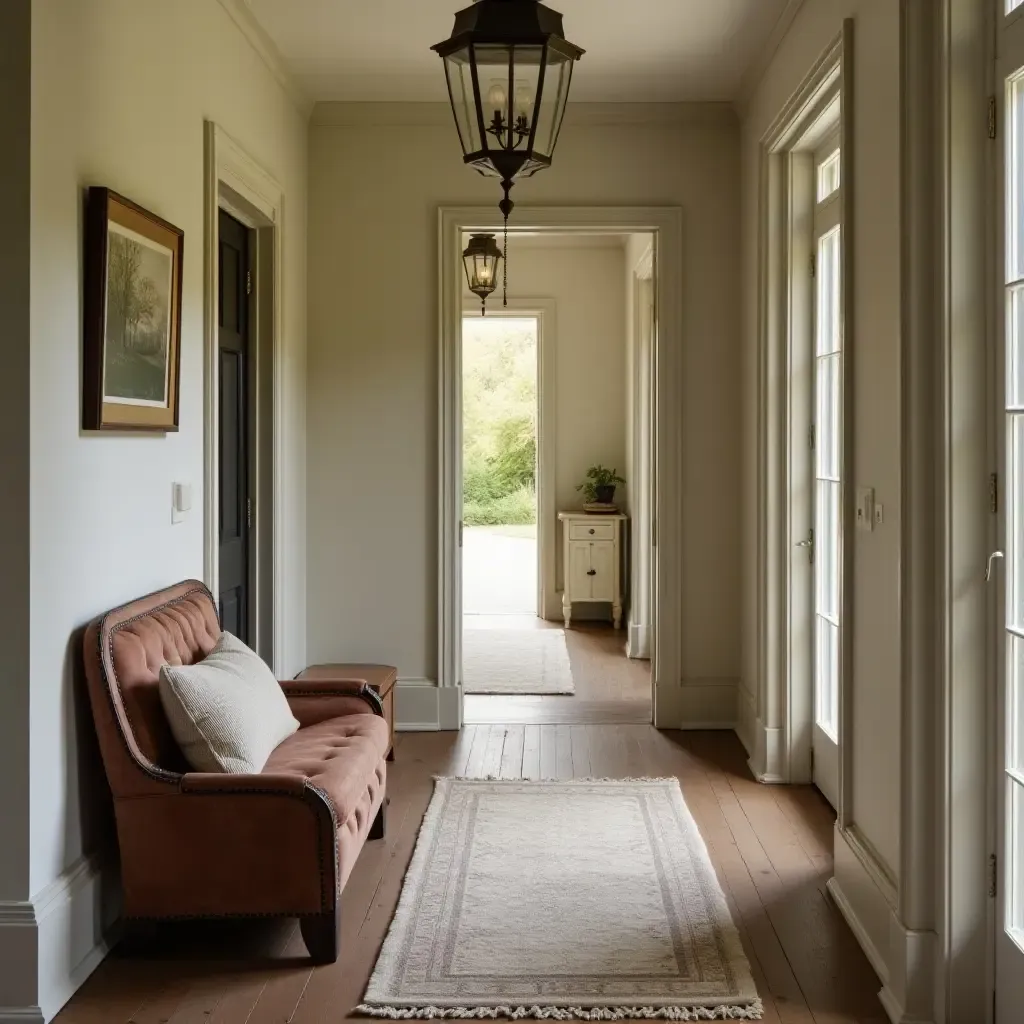 a photo of a charming corridor with a vintage trunk as a seat