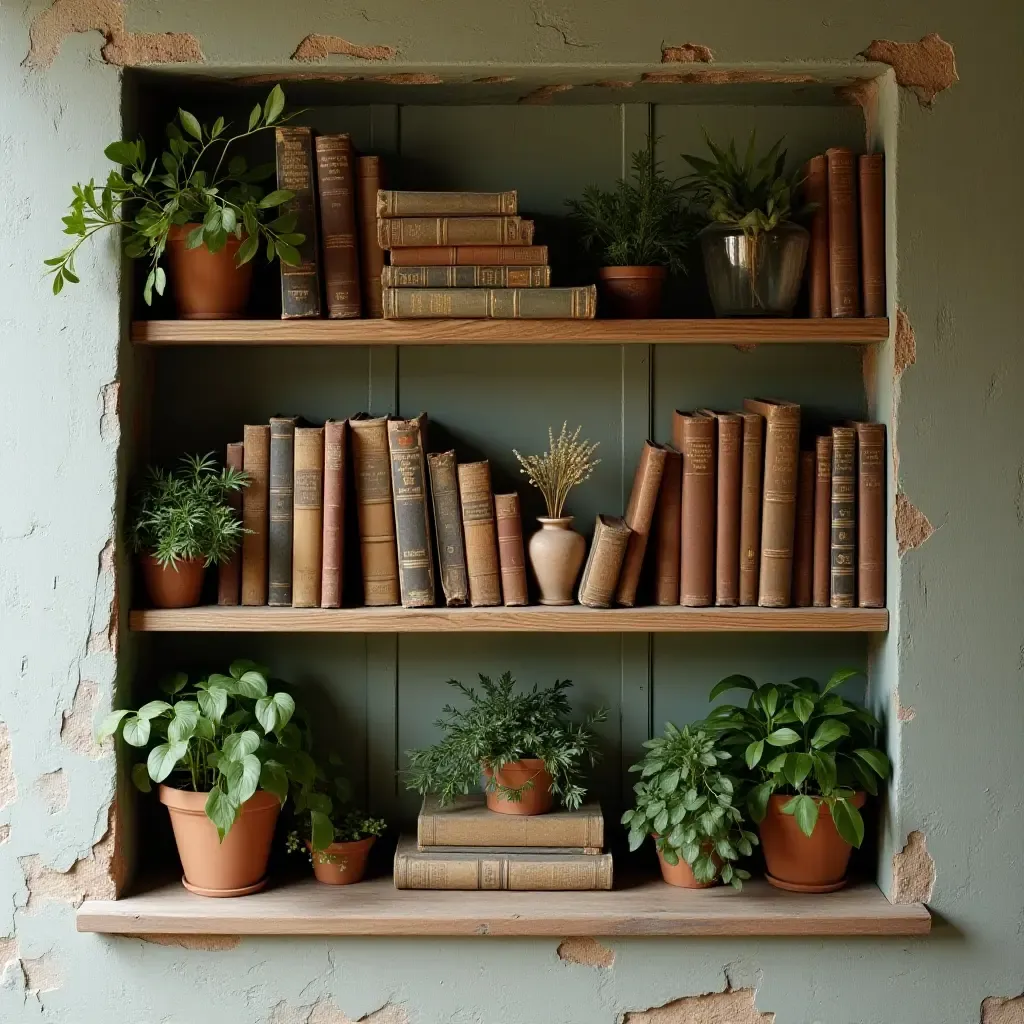 a photo of a wall shelf filled with vintage books and herbs